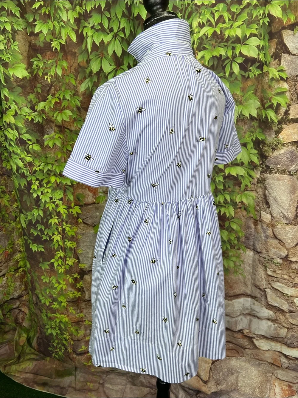 KATE SPADE Abuzz Poplin Blue and White Striped Bee Print Poplin Luxury Dress, XS
